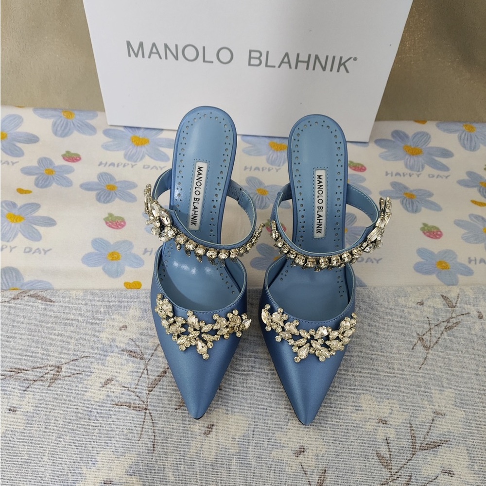 Manolo Blahnik Sky Blue Satin Crystal-Embellished Mule - Picture 3 of 14